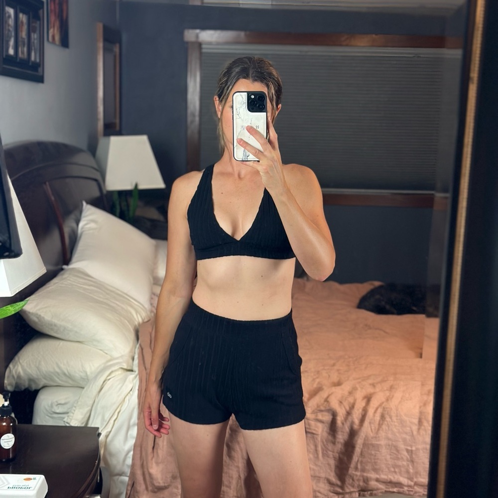 ALO Yoga Ribbed Bralette Top & High-Waisted Shorts Set | Black | Size Small
